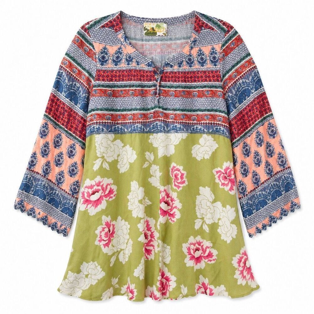 Silk Boho Tunic Top Floral Colorblock Peasant Blouse Flowy 2X